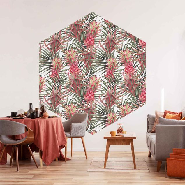 Retro wallpaper Red Pineapple With Palm Leaves Tropical