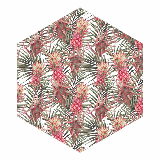 Self adhesive wallpapers Red Pineapple With Palm Leaves Tropical