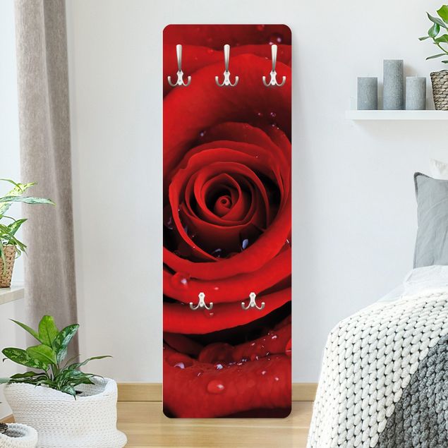 Wall mounted coat rack flower Red Rose With Water Drops