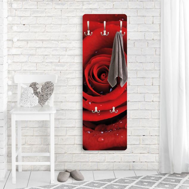 Wall mounted coat rack red Red Rose With Water Drops