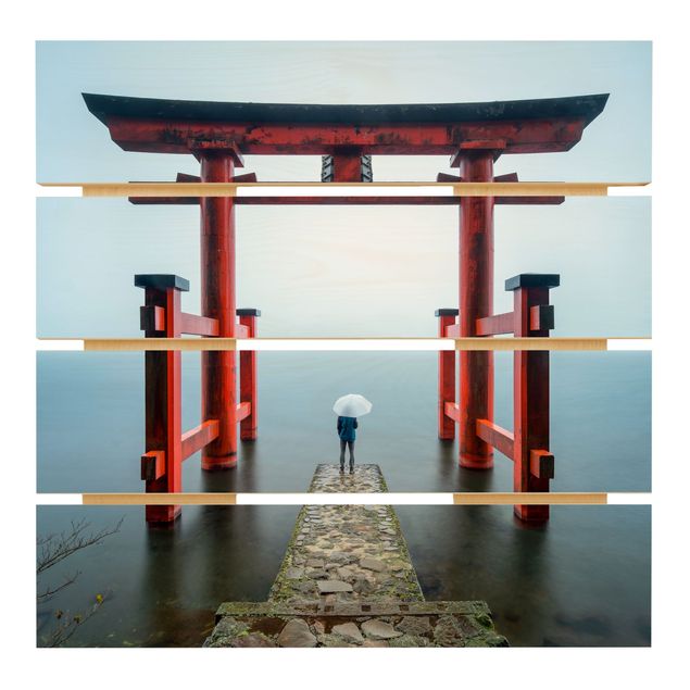 Wood photo prints Red Torii At Lake Ashi