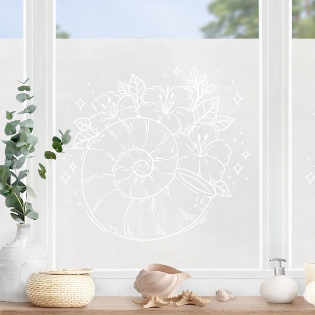 Flower window clings Round Seashell With Flowers