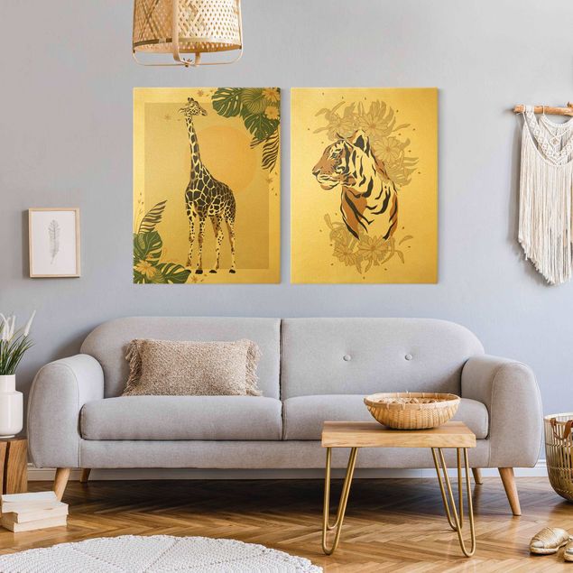 Giraffe canvas Safari Animals - Giraffe And Tiger