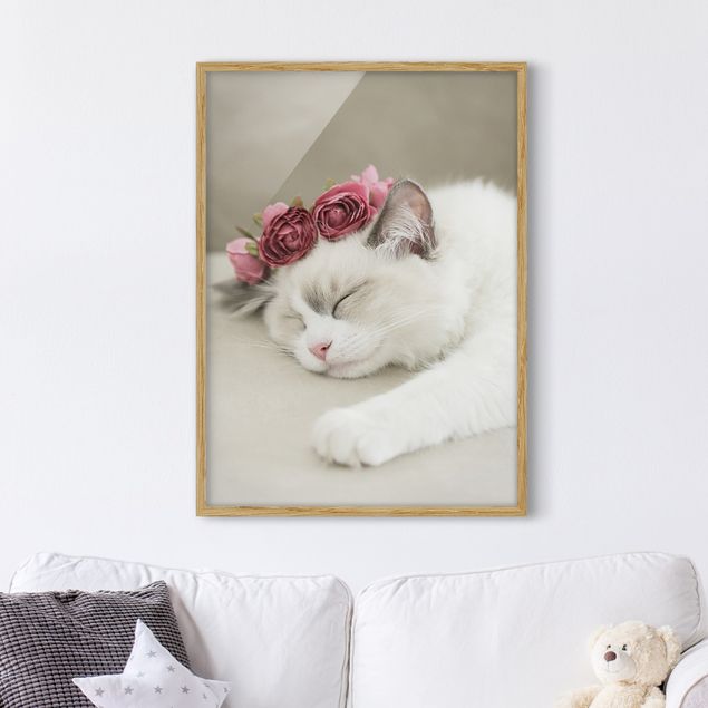 Nursery decoration Sleeping Cat with Roses