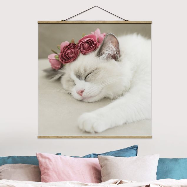 Nursery decoration Sleeping Cat with Roses