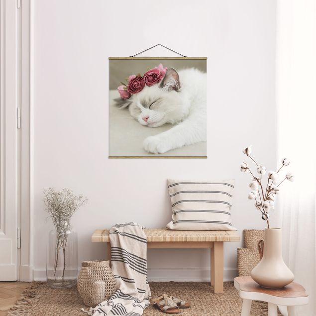 Cat wall art Sleeping Cat with Roses