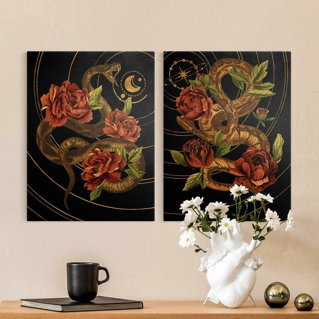Rose canvas Snake With Roses Black And Gold Duo
