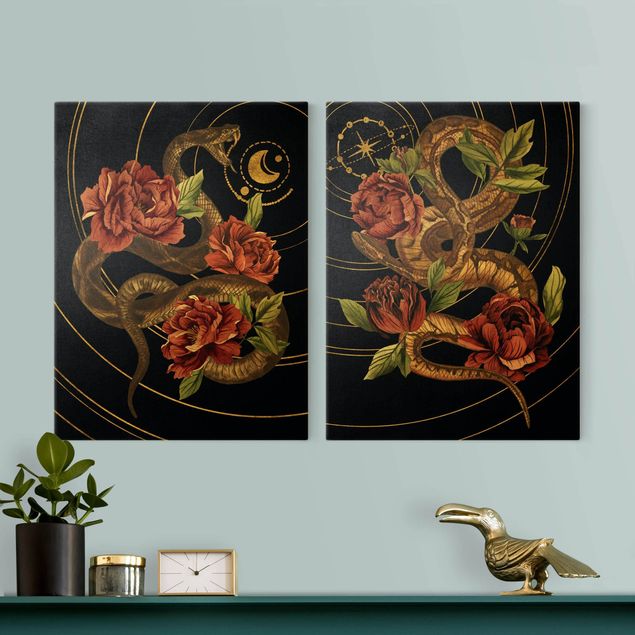 Prints flower Snake With Roses Black And Gold Duo