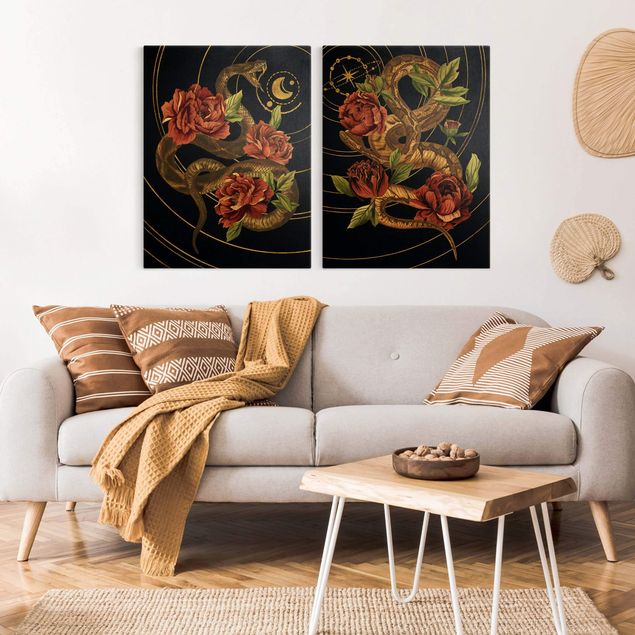 Prints animals Snake With Roses Black And Gold Duo