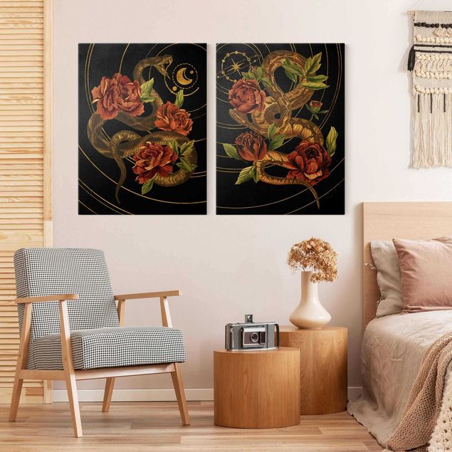 Flower print Snake With Roses Black And Gold Duo