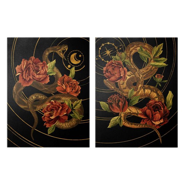 Black prints Snake With Roses Black And Gold Duo
