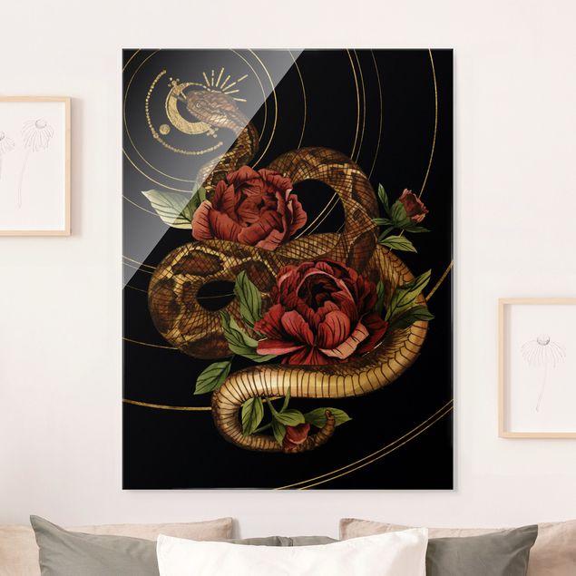 Glass prints rose Snake With Roses Black And Gold I
