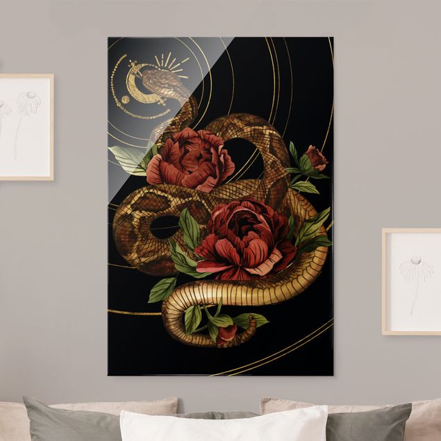 Glass prints flower Snake With Roses Black And Gold I