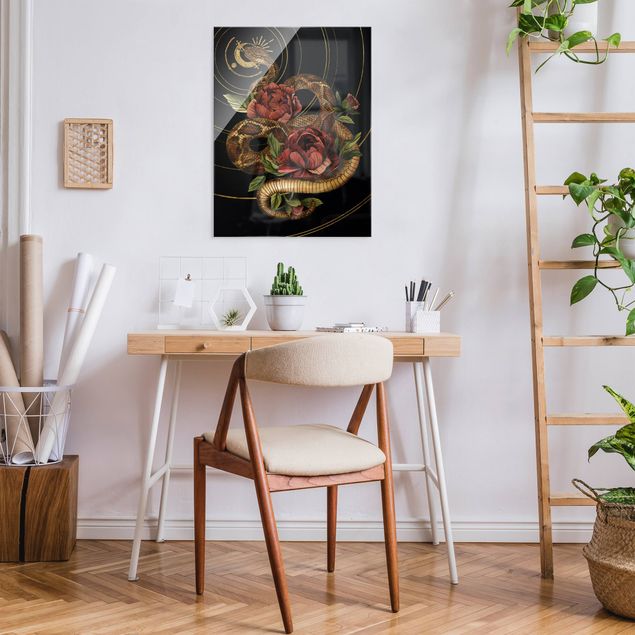 Prints animals Snake With Roses Black And Gold I