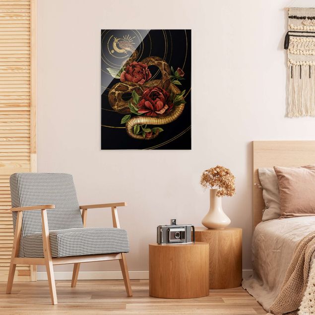 Flower print Snake With Roses Black And Gold I