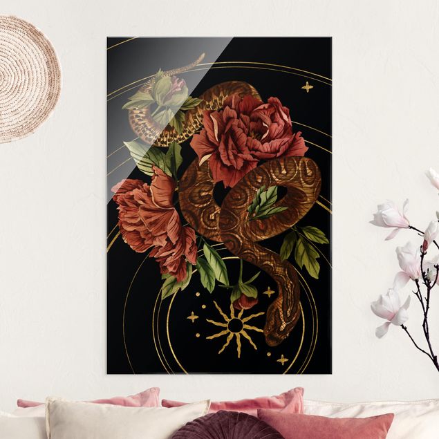Glass prints rose Snake With Roses Black And Gold III