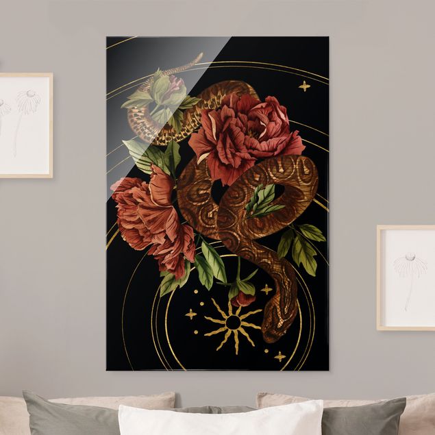 Glass prints flower Snake With Roses Black And Gold III
