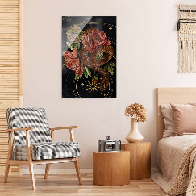 Animal wall art Snake With Roses Black And Gold III