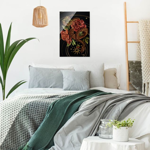 Prints floral Snake With Roses Black And Gold III