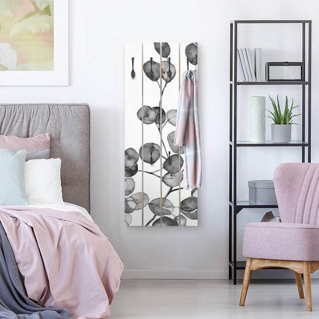 Wooden wall mounted coat rack Black And White Eucalyptus Twig Watercolour