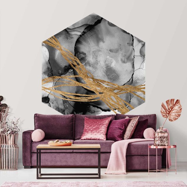 Self-adhesive hexagonal wall mural Black Ink With Golden Lines