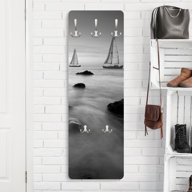 Wall mounted coat rack black and white Sailboats In The Ocean II