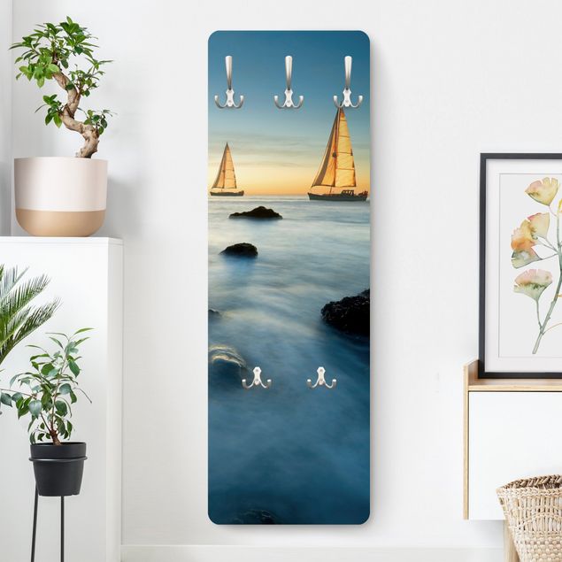 Wall mounted coat rack landscape Sailboats On the Ocean