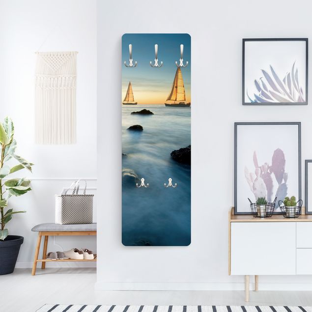 Wall mounted coat rack blue Sailboats On the Ocean