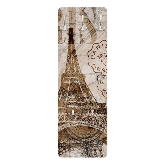 Wall mounted coat rack brown Shabby Chic Collage - Paris