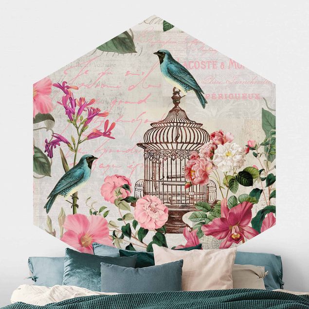 Kitchen Shabby Chic Collage - Pink Flowers And Blue Birds