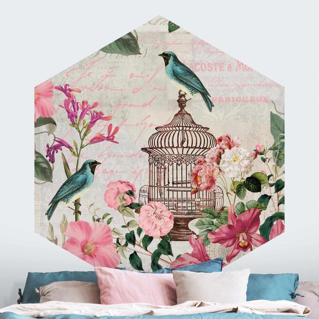 Wallpapers birds Shabby Chic Collage - Pink Flowers And Blue Birds