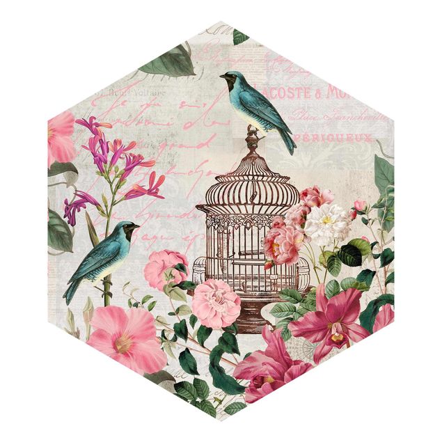 Pink aesthetic wallpaper Shabby Chic Collage - Pink Flowers And Blue Birds