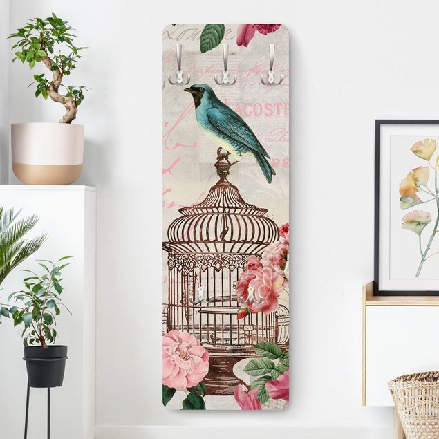 Wall mounted coat rack flower Shabby Chic Collage - Pink Flowers And Blue Birds
