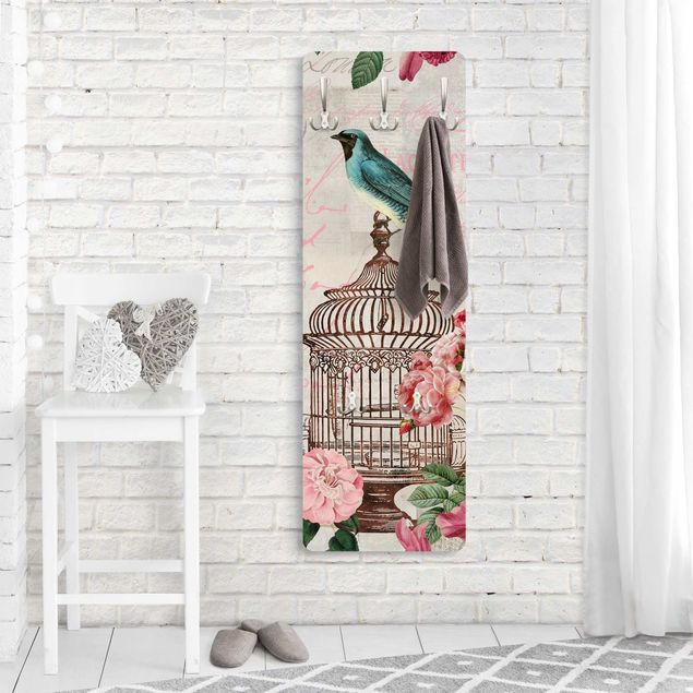 Vintage coat hook rack Shabby Chic Collage - Pink Flowers And Blue Birds