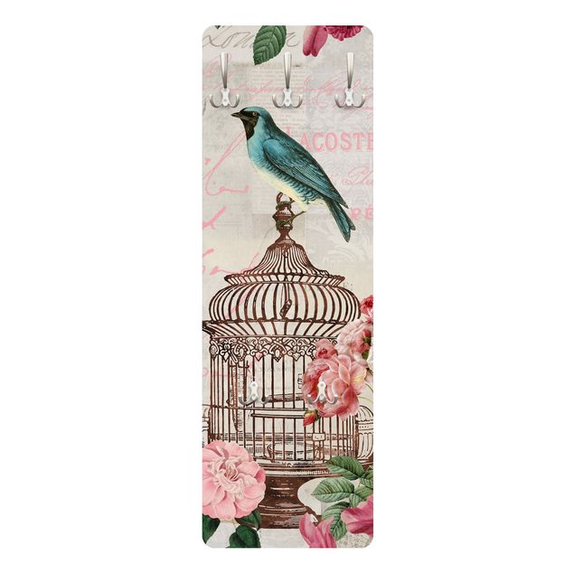 Coat rack blue Shabby Chic Collage - Pink Flowers And Blue Birds