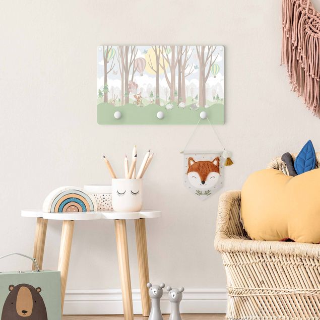 Wall mounted coat rack landscape Sun With Trees And Hot-Air Balloon