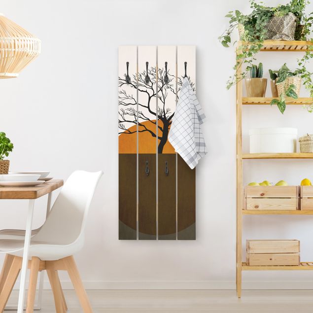 Wooden wall mounted coat rack Sun With Tree