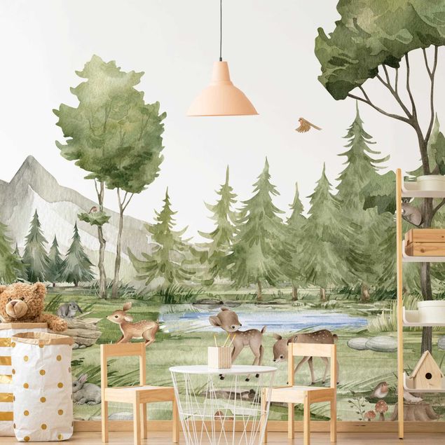 Contemporary wallpaper Playing fawns on the river bank