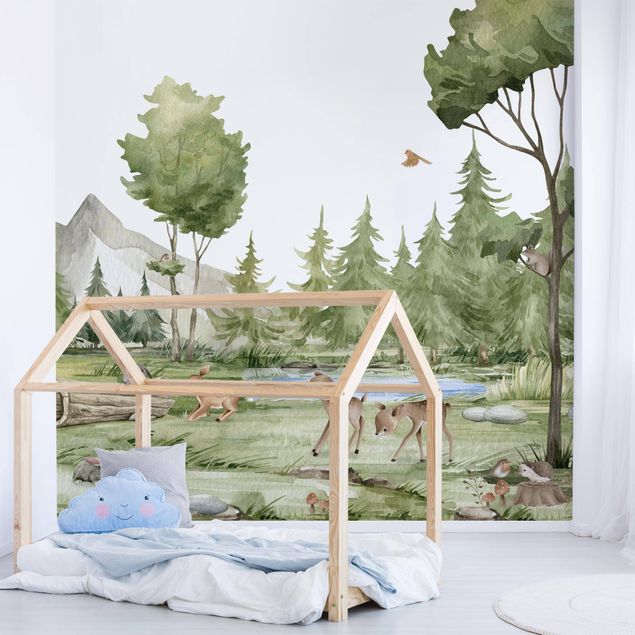 Kids room decor Playing fawns on the river bank