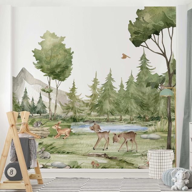 Wallpapers mountain Playing fawns on the river bank