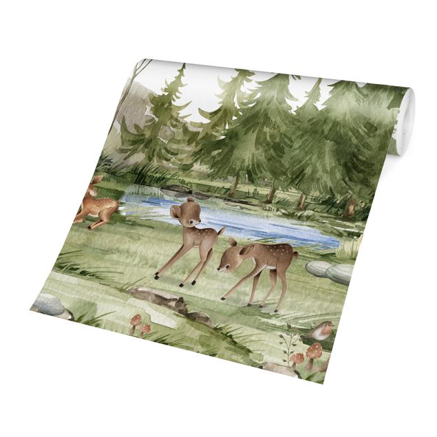 Rainforest wallpaper Playing fawns on the river bank