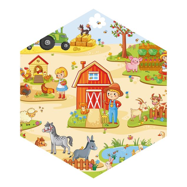 Self-adhesive hexagonal wall mural Playoom Mat Farm - Farm Work Is Fun