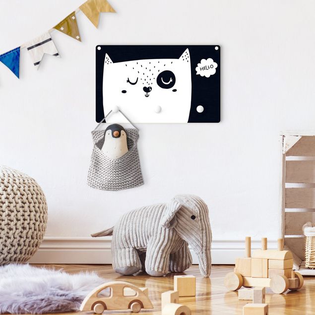 Wall mounted coat rack black and white Text Hello Cat Face Black And White