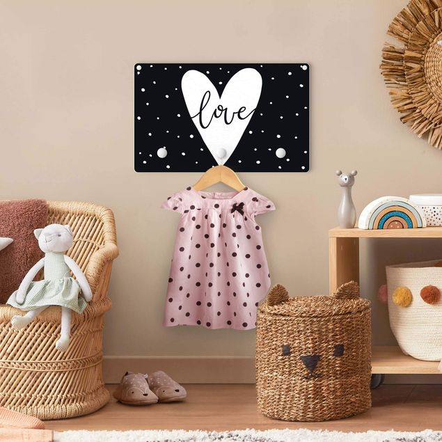 Wall mounted coat rack black and white Text Love With Heart With Dots Black And White