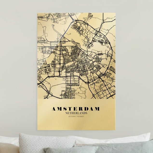 Glass prints black and white Amsterdam City Map - Classic