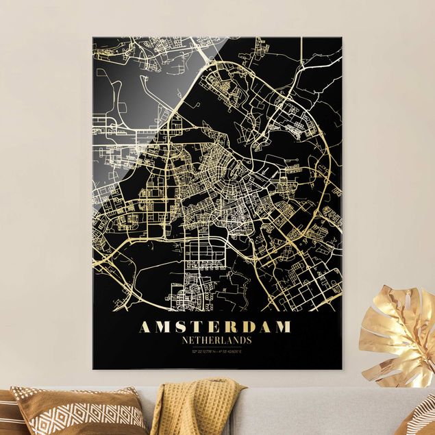 Glass prints black and white Amsterdam City Map - Classic Black