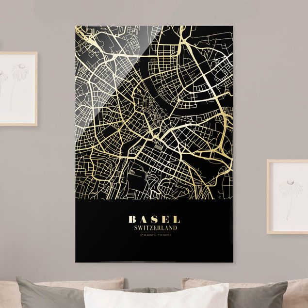 Glass prints black and white Basel City Map - Classic Black
