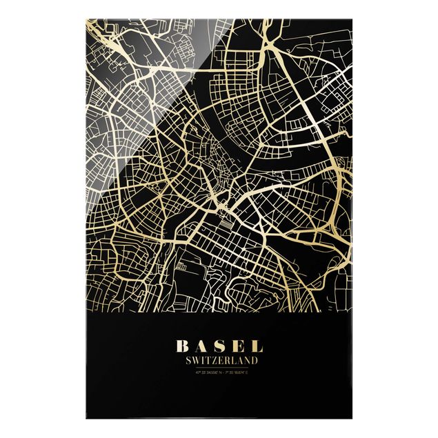 Prints black and white Basel City Map - Classic Black