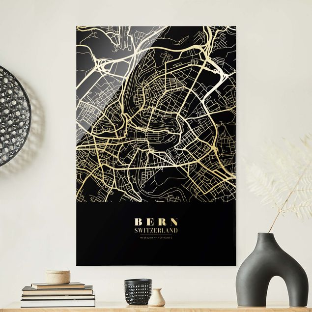 Glass prints black and white Bern City Map - Classic Black