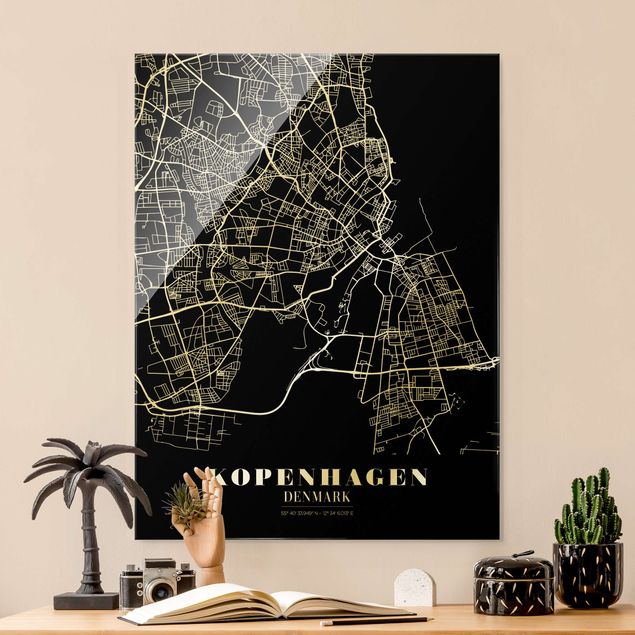 Glass prints black and white Copenhagen City Map - Classic Black